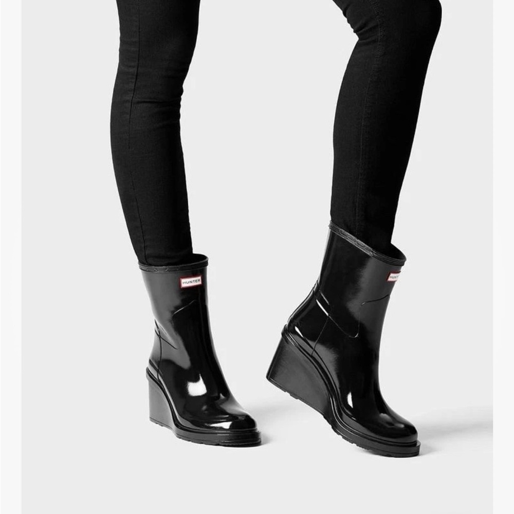HUNTER Original Wellies Glossy Refined Wedge Rain Boots Black UK 4/EUR 36/US 6